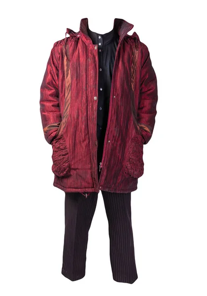 Pantalone Donna Righe Bianche Nere Cappotto Autunno Rosso Scuro Con — Foto Stock