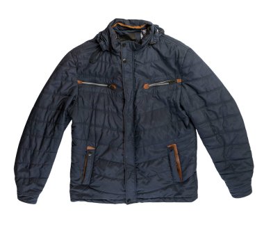 Beyaz arka planda izole edilmiş kapüşonlu koyu mavi ceketli adamlar. Rüzgarlık ceketli üst manzara. Sıradan stil