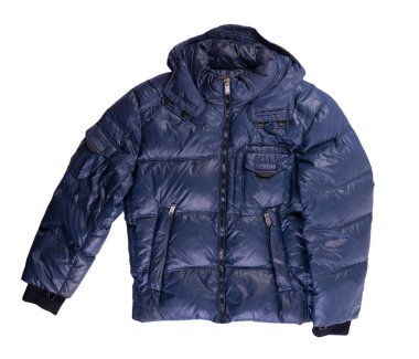 Beyaz arka planda izole edilmiş kapüşonlu koyu mavi ceketli adamlar. Rüzgarlık ceketli üst manzara. Sıradan stil