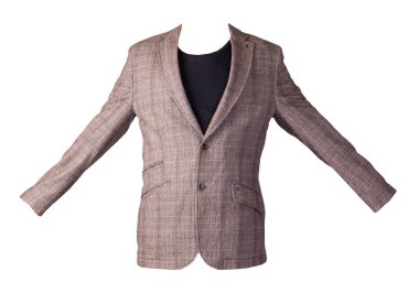 Beyaz arka planda düğmeleri olan bej erkek ceketi. Burgundy süveterli bir ceket. Sıradan stil