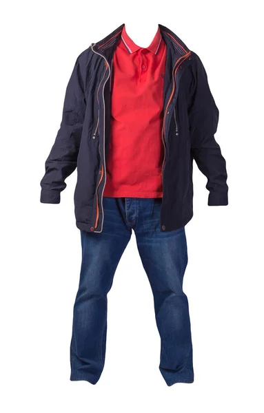 深蓝色夹克 红色衬衫和蓝色牛仔裤 白色背景隔离 休闲装 — 图库照片