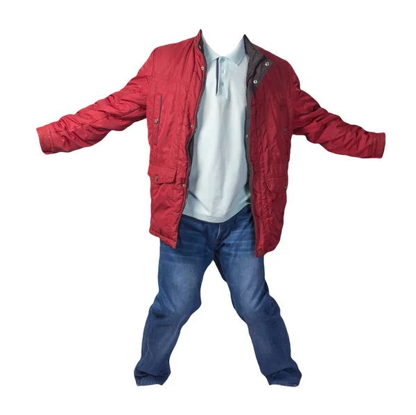 Giacca Rossa Camicia Turchese Jeans Blu Isolati Sfondo Bianco Abbigliamento — Foto Stock