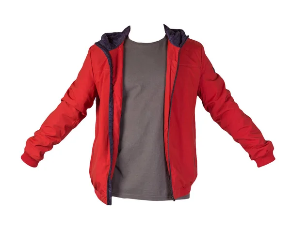 赤いジッパージャケットとグレーのTシャツは白い背景に隔離されています カジュアルスタイル — ストック写真