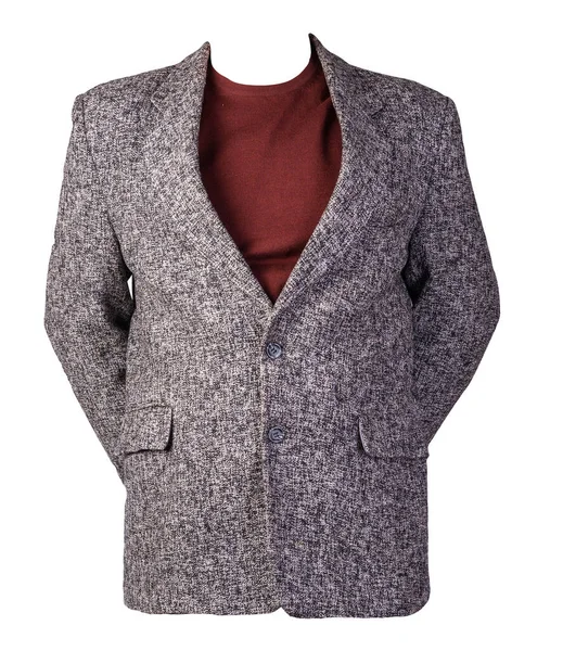 Beyaz arka planda düğmeleri olan gri erkek ceketi. Burgundy süveterli bir ceket. Sıradan stil