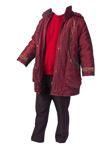 Pantalon Noir Pour Femme Manteau Rouge Foncé Automne Pull Rouge — Photo