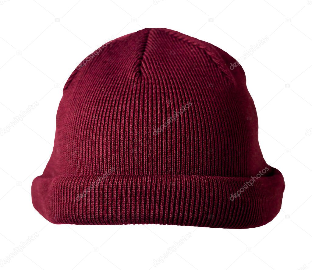 Docker knitted burgundy hat isolated on white background. fashionable rapper hat. hat fisherman