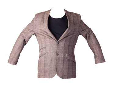 Beyaz arka planda düğmeleri olan bej erkek ceketi. Burgundy süveterli bir ceket. Sıradan stil