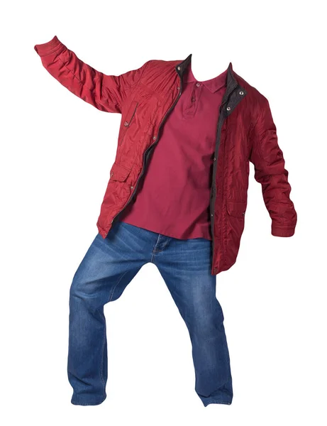 Chaqueta Roja Camisa Roja Oscura Jeans Azules Aislados Sobre Fondo — Foto de Stock