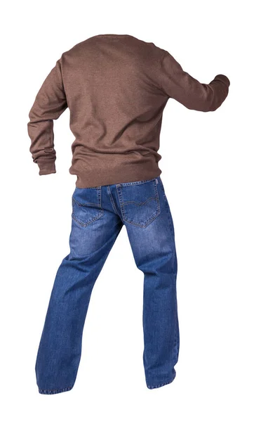 Men Brown Sweater Blue Jeans Isolated White Background Casual Clothing — Stock Photo, Image