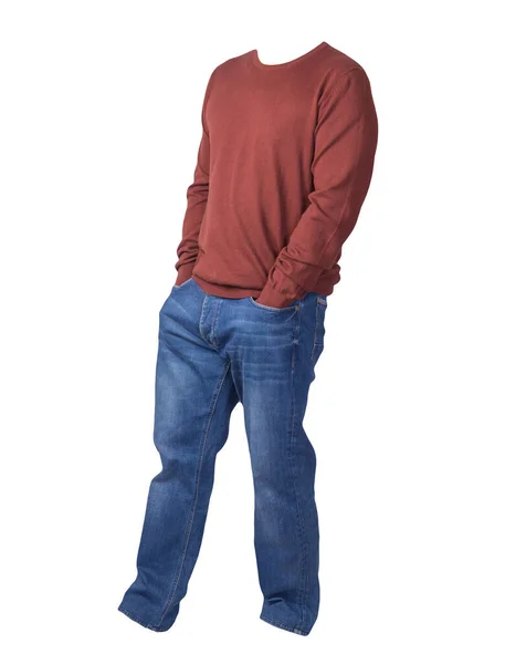 Men Dark Red Sweater Blue Jeans Isolated White Background Casual — Stock Photo, Image
