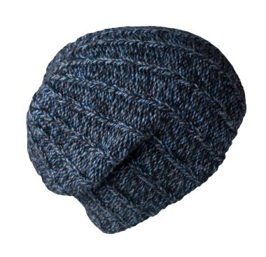 Örgü koyu mavi şapka, beyaz arka planda izole edilmiş. Sıradan moda şapka aksesuarı.
