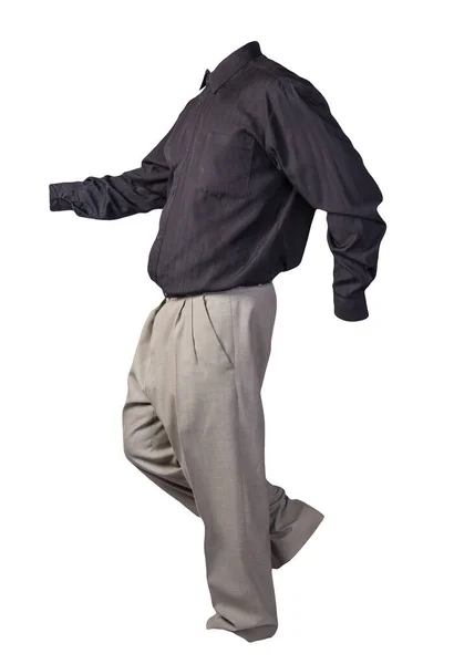 Men Black Shirt Long Sleeves Light Grey Pants Isolated White — Stock Photo, Image