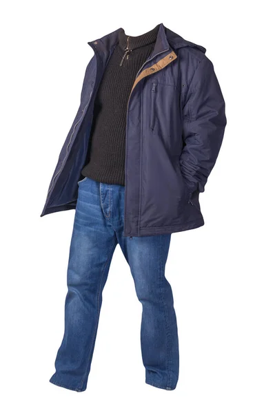 蓝色夹克 黑色毛衣和蓝色牛仔裤 白色背景隔离 休闲装 — 图库照片