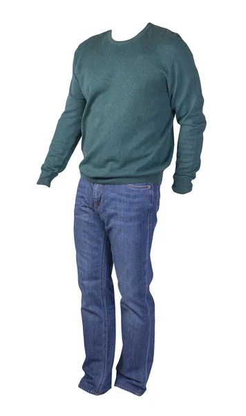 Camisola Verde Escuro Dos Homens Calça Jeans Azul Isolado Fundo — Fotografia de Stock