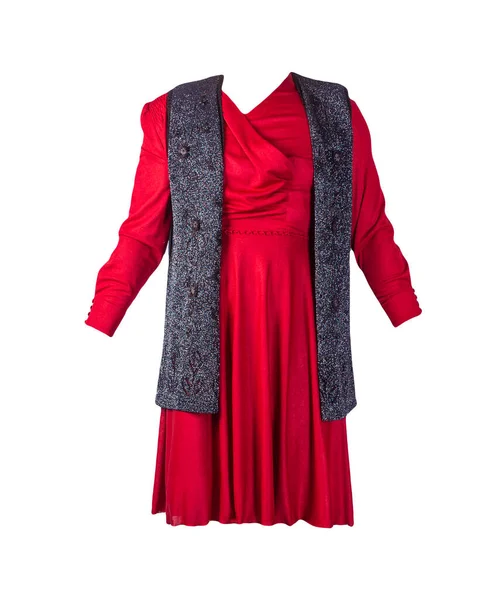 Жіночий Сірий Жилет Одягається Літню Червону Сукню Ізольовано Білому Тлі — стокове фото