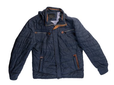 Beyaz arka planda izole edilmiş kapüşonlu koyu mavi ceketli adamlar. Rüzgarlık ceketli üst manzara. Sıradan stil