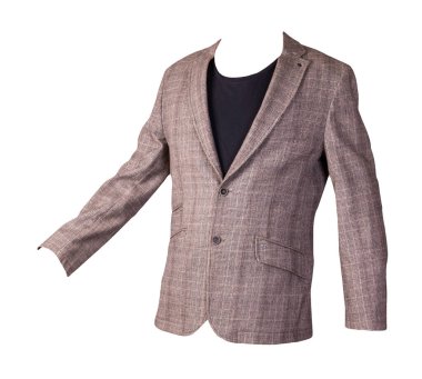 Beyaz arka planda düğmeleri olan bej erkek ceketi. Burgundy süveterli bir ceket. Sıradan stil