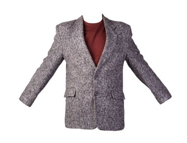 Beyaz arka planda düğmeleri olan gri erkek ceketi. Burgundy süveterli bir ceket. Sıradan stil