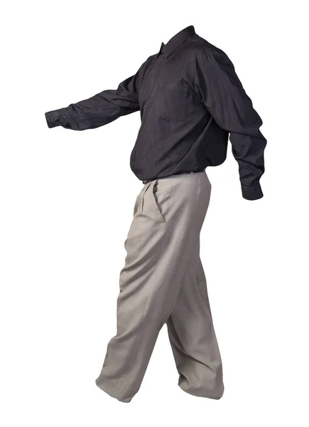 Camicia Uomo Nera Con Maniche Lunghe Pantaloni Grigio Chiaro Isolati — Foto Stock