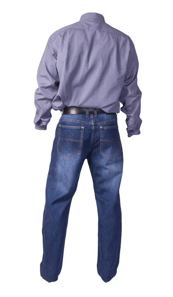 男式紫色衬衫 长袖子 蓝色牛仔裤 白色背景 休闲装 — 图库照片