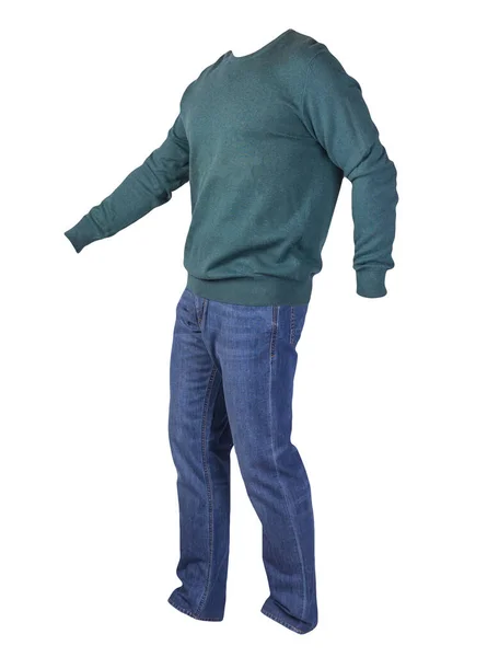 Dunkelgrüner Pullover Und Blaue Jeans Auf Weißem Hintergrund — Stockfoto