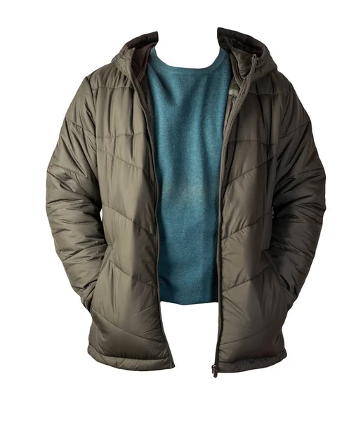 濃い緑色のジャケットとターコイズのセーターは白い背景に隔離されています — ストック写真