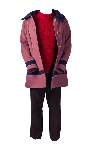 Pantaloni Neri Donna Cappotto Blu Scuro Rosa Autunno Maglione Rosso — Foto Stock