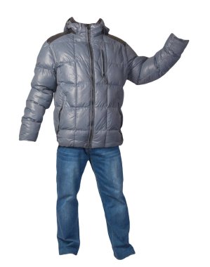 Mavi erkek ceketi ve mavi kot beyaz arka planda izole edilmiş. Günlük kıyafetler.