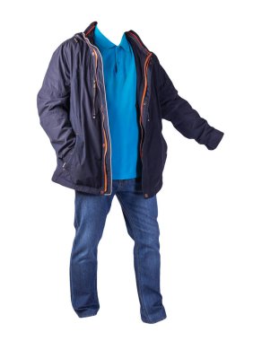  Fermuarlı koyu mavi ceket, mavi gömlek ve beyaz arka planda izole edilmiş mavi kot pantolon. Sıradan moda kıyafetleri.