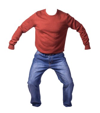 Erkekler koyu kırmızı kazak ve mavi kot pantolon. Beyaz arka planda izole edilmiş. Günlük kıyafetler.