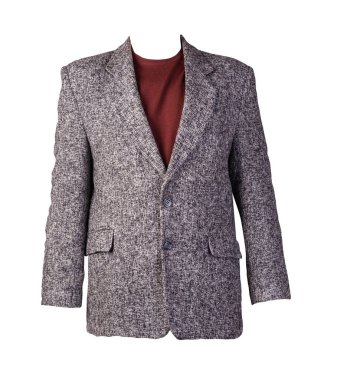 Beyaz arka planda düğmeleri olan gri erkek ceketi. Burgundy süveterli bir ceket. Sıradan stil