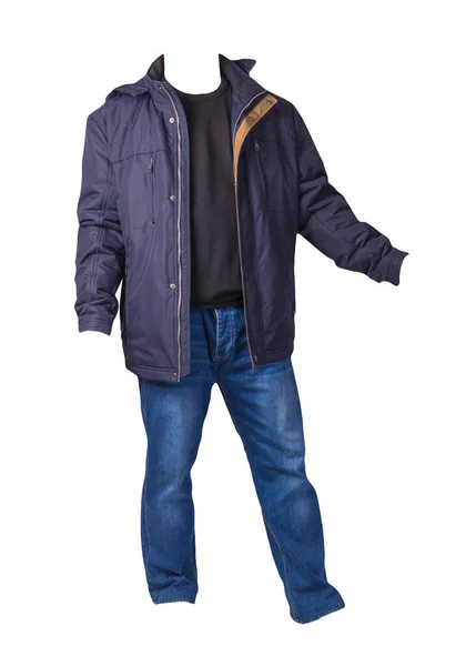 Casaco Azul Com Zíper Camisola Preta Jeans Azul Isolado Fundo — Fotografia de Stock