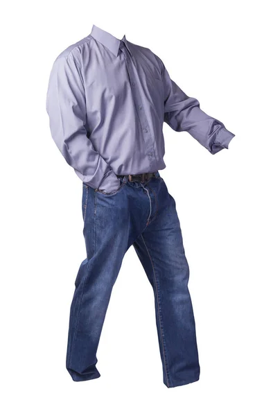 Чоловіча Фіолетова Сорочка Довгими Рукавами Синіми Джинсами Ізольовані Білому Тлі — стокове фото