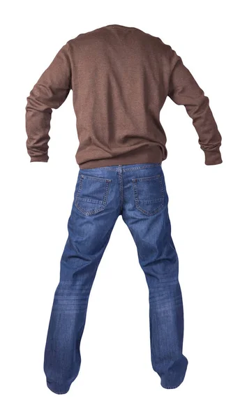 Maglione Marrone Uomo Blue Jeans Isolati Sfondo Bianco Abbigliamento Casual — Foto Stock