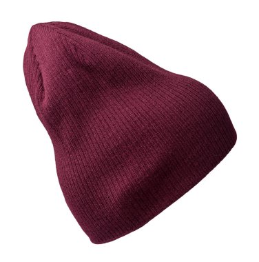 Örülmüş bordo şapka, beyaz bir arka planda izole edilmiş. Sıradan tarz için moda şapka aksesuarı.