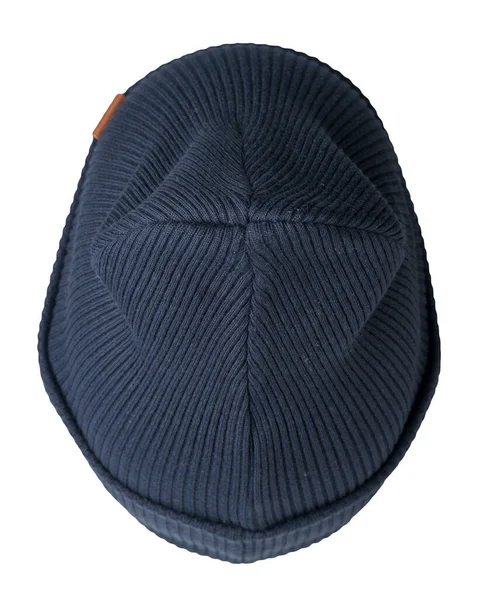 白色背景上隔离的针织深蓝色帽子 休闲装顶视图时尚帽配件 — 图库照片