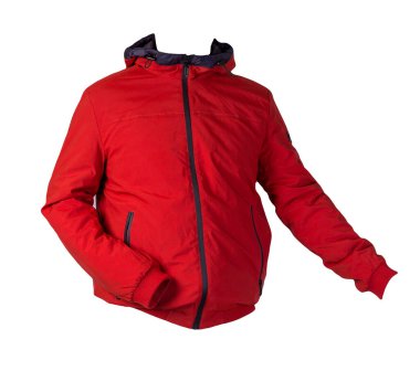 Male red jacket with a zipper with a hood isolated on a white background. Windbreaker jacket. Casual style clipart