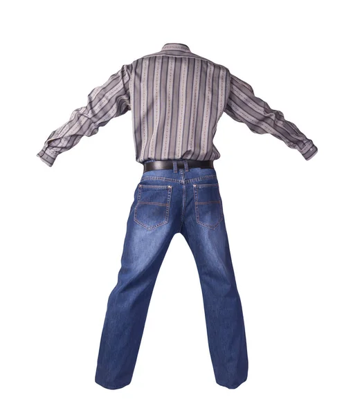 Camicia Grigia Righe Uomo Con Maniche Lunghe Jeans Blu Isolati — Foto Stock