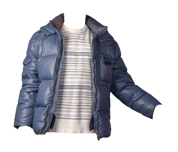 Blaue Jacke Und Weiß Grauer Pullover Isoliert Auf Weißem Background — Stockfoto