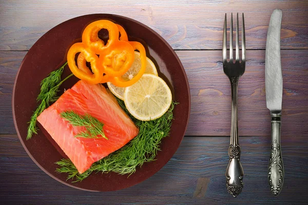 Red Fish Trout Fillets Brown Plate Fork Knife Top View — Stock Photo, Image