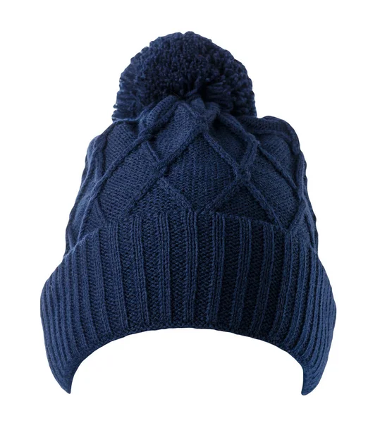 Stickad Mörkblå Hatt Isolerad Vit Bakgrund Hatt Med Garnboll — Stockfoto