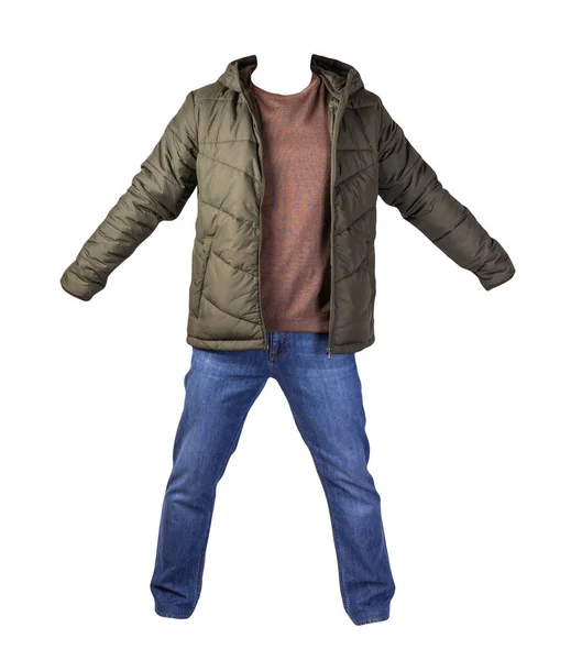 Giacca Blu Scuro Con Cerniera Maglione Marrone Jeans Blu Isolati — Foto Stock