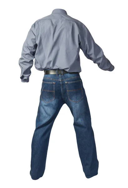 男人的紫色灰色衬衫 长袖子 蓝色牛仔裤 白色背景隔离 休闲装 — 图库照片