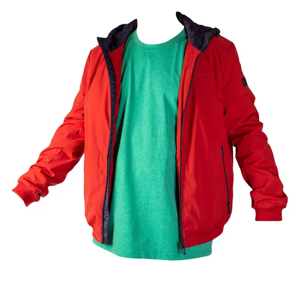 Piros Cipzáras Kabát Retro Heather Zöld Póló Elszigetelt Fehér Háttérrel — Stock Fotó