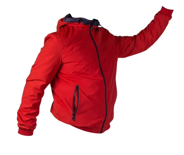 フードが白い背景に隔離されたジッパー付き男性の赤いジャケット ウインドブレーカージャケット カジュアルスタイル — ストック写真