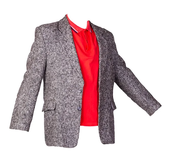 Düğmeli gri ceket ve yakalı kırmızı polo gömlek ve beyaz arka planda izole edilmiş düğmeler. Sıradan stil