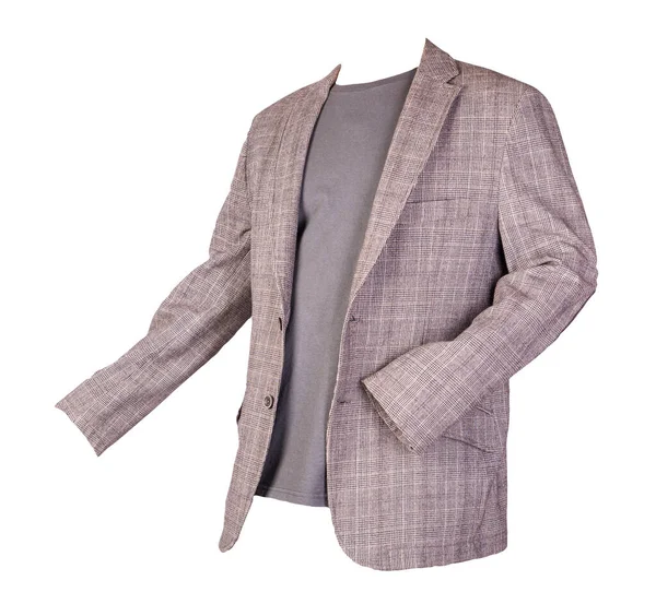 Açık kahverengi düğmeli ve beyaz arka planda gri tişörtlü bir ceket. Sıradan stil