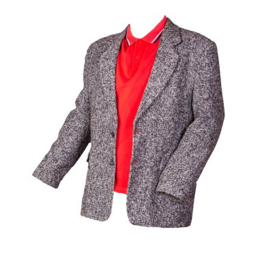 Düğmeli gri ceket ve yakalı kırmızı polo gömlek ve beyaz arka planda izole edilmiş düğmeler. Sıradan stil