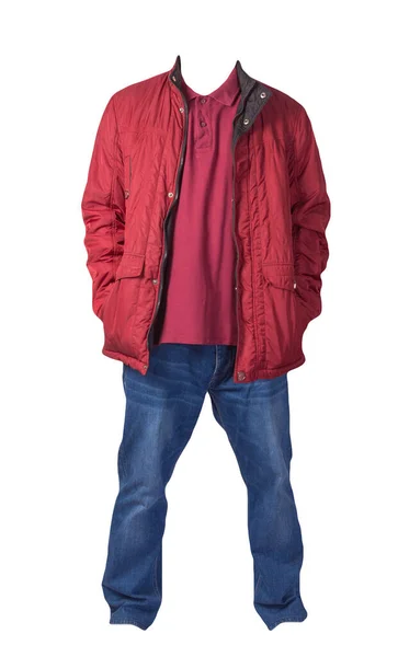 Giacca Rossa Camicia Rosso Scuro Jeans Blu Isolati Sfondo Bianco — Foto Stock