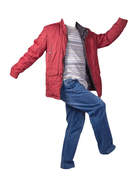 Röd Jacka Vit Blå Grå Tröja Och Blå Jeans Isolerad — Stockfoto